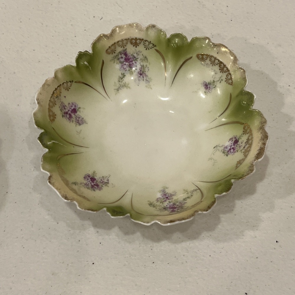 Vintage Porcelain RS Prussia  Berry Bowl Green, Pink Gold Trim 5" Dainty Details